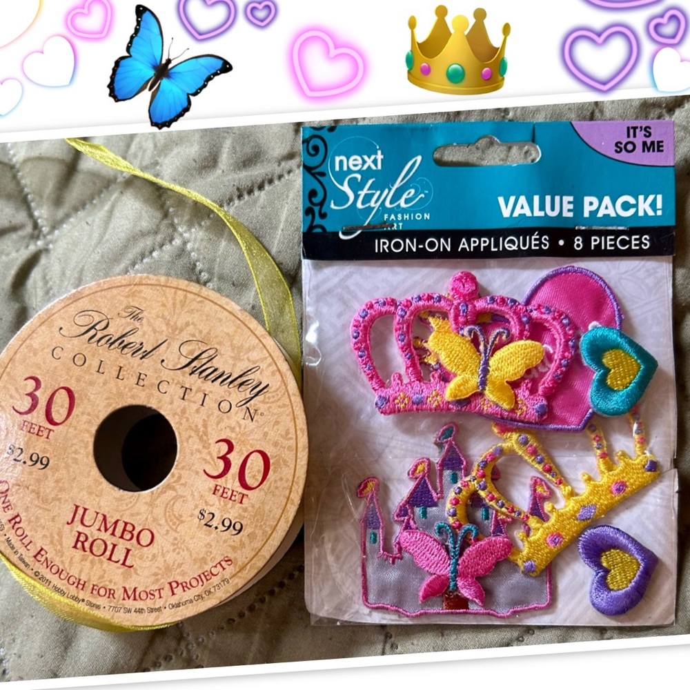 next Style Pink and Yellow Iron-On Appliqués & Yellow Spool of Ribbon
